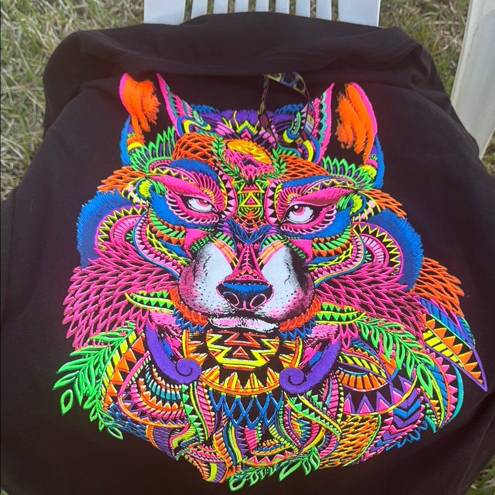 Colorful Wolf Embroidered Black Hoodie